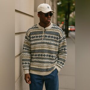 Vintage Mountain Express Nordic Fair Isle Grandpa Sweater USA Made Earth Tone Lg